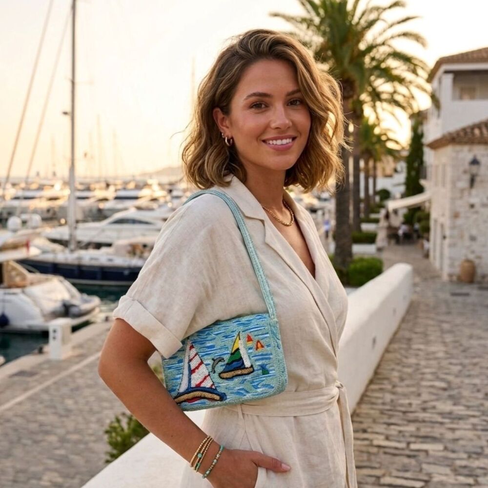 Made in India Beaded Sailboat Shoulder Bag NWT